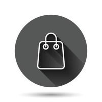 Shopping bag icon in flat style. Handbag sign vector illustration on black round background with long shadow effect. Package circle button business concept.