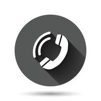 Phone icon in flat style. Telephone call vector illustration on black round background with long shadow effect. Mobile hotline circle button business concept.