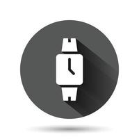 icono de reloj de pulsera en estilo plano. ilustración de vector de reloj de mano sobre fondo redondo negro con efecto de sombra larga. concepto de negocio de botón de círculo de pulsera de tiempo.