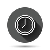 Clock icon in flat style. Watch vector illustration on black round background with long shadow effect. Timer circle button business concept.