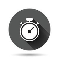 icono de reloj en estilo plano. ver ilustración vectorial sobre fondo redondo negro con efecto de sombra larga. concepto de negocio de botón de círculo de temporizador. vector