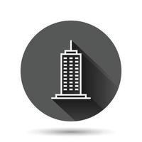 Building icon in flat style. Town skyscraper apartment vector illustration on black round background with long shadow effect. City tower circle button business concept.