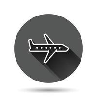 icono de avión en estilo plano. ilustración de vector de avión sobre fondo redondo negro con efecto de sombra larga. concepto de negocio de botón de círculo de avión de vuelo.