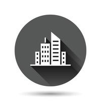 Building icon in flat style. Town skyscraper apartment vector illustration on black round background with long shadow effect. City tower circle button business concept.