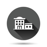 Building icon in flat style. Town skyscraper apartment vector illustration on black round background with long shadow effect. City tower circle button business concept.