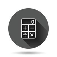 icono de calculadora en estilo plano. calcular la ilustración vectorial sobre fondo redondo negro con efecto de sombra larga. concepto de negocio de botón de círculo de cálculo. vector