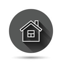 Building icon in flat style. Home vector illustration on black round background with long shadow effect. House circle button business concept.