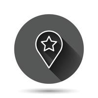 Map pin icon in flat style. GPS navigation vector illustration on black round background with long shadow effect. Locate position circle button business concept.