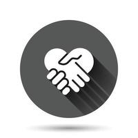 Handshake icon in flat style. Partnership deal vector illustration on black round background with long shadow effect. Agreement circle button business concept.