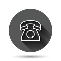 Mobile phone icon in flat style. Telephone talk vector illustration on black round background with long shadow effect. Hotline contact circle button business concept.