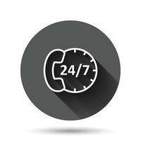 Phone service 24 7 icon in flat style. Telephone talk vector illustration on black round background with long shadow effect. Hotline contact circle button business concept.