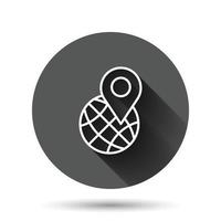 Global navigation icon in flat style. Globe pin gps vector illustration on black round background with long shadow effect. Planet direction circle button business concept.