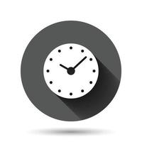 Clock icon in flat style. Watch vector illustration on black round background with long shadow effect. Timer circle button business concept.