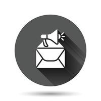 Envelope notification icon in flat style. Email with speaker vector illustration on black round background with long shadow effect. Receive mail message circle button business concept.