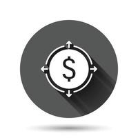 Money revenue icon in flat style. Dollar coin vector illustration on black round background with long shadow effect. Finance structure circle button business concept.