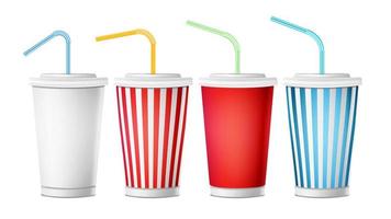 vector de plantilla de taza de refresco. Vasos desechables de papel 3d realistas para bebidas con pajita. aislado sobre fondo blanco. ilustración de embalaje