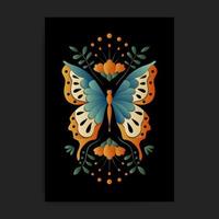 Retro color stylized butterfly with plant and flower decoration vector