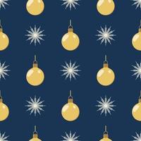 Snowflake pattern for decorative decoration. Vector festive illustration. Dark blue background with snowflakes and golden balls pattern. Seamless pattern.