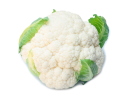 Single fresh ripe white cauliflower head with some green leaves isolated on white background with clipping path and shadow in png file format, Organic vegetable, Concept of healthy food eating