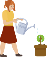 woman holding watering can to water plant