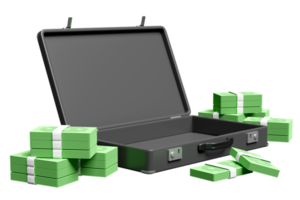 3d Empty black briefcase with banknote stacks isolated. investment or business finance concept, 3d render illustration png