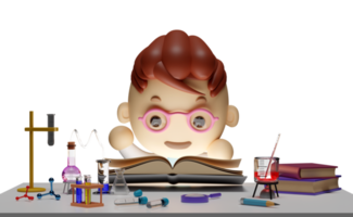 3d miniature cartoon scientist boy open magic book with science experiment kit, desk in lab isolated. room innovative education concept, 3d render illustration png