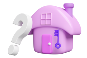 3d purple house floating with key question mark symbol icon isolated. FAQ, solve home problems concept, 3d render illustration png