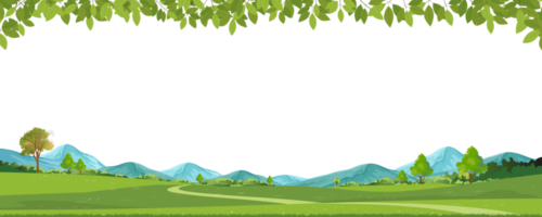 Spring green fields landscape,mountai,green leaves border with copy space,Panorama peaceful rural nature in spring with grass land.Cartoon Horizon for Spring,Summer Banner png