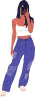 mooi jong vrouw in een modieus jeans en t-shirt duurt uit haarzelf Aan een smartphone. hand- getrokken schetsen. PNG illustratie.