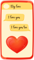 Red phone with chat messages. Love text with heart. Relationships communication. Valentines day. Illustration for design isolated on transparent background. png
