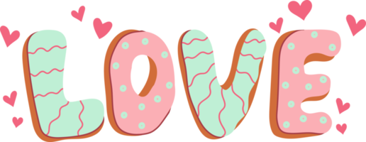 Love text in the form of cookies with icing. Gingerbread in the shape of letters. Doodle in cartoon style. Valentines day. Illustration for design isolated on transparent background. png