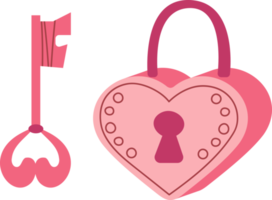 Schlüsselschloss in Form eines Herzens mit Schlüssel. Gekritzel im Cartoon-Stil. Valentinstag. Illustration für Design isoliert auf transparentem Hintergrund. png