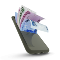 3D rendering of Nigerian naira notes inside a mobile phone. money coming out of mobile phone png