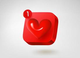 Red button with heart. 3d vector mobile application icon