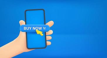 Man holding smartphone with buy now button. Vector banner with copy space