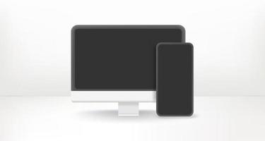 Modern computer and smartphone with empty screens. 3d vector icon