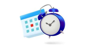 Blue alarm clock with calendar. 3d vector illustration