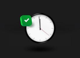 Retro style clock with checkmark icon. 3d vector illustration