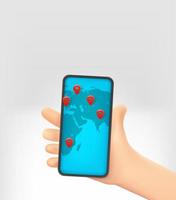 Cartoon hand holding modern smartphone with navigation application. World travel concept. 3d vector illustration with copy space