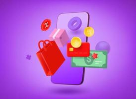 realizar compras a través de la aplicación móvil. concepto de compras. ilustración vectorial 3d vector