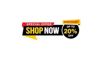 20 Percent SHOP NOW offer, clearance, promotion banner layout with sticker style. vector