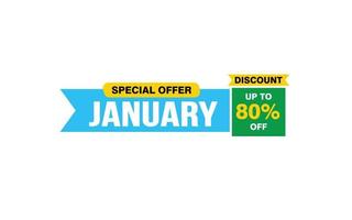 80 Percent JANUARY discount offer, clearance, promotion banner layout with sticker style. vector