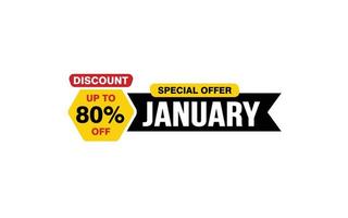 80 Percent JANUARY discount offer, clearance, promotion banner layout with sticker style. vector