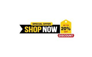 20 Percent SHOP NOW offer, clearance, promotion banner layout with sticker style. vector