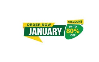 80 Percent JANUARY discount offer, clearance, promotion banner layout with sticker style. vector