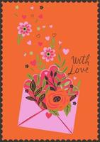 Valentine's day card with envelope and flowers. Vector graphics.