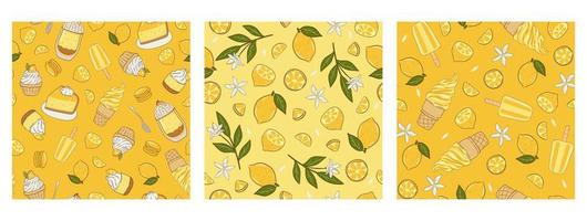 Set of patterns with lemons and desserts. Vector graphics.
