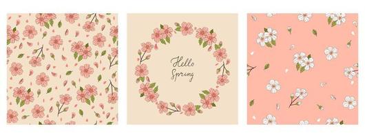 A set of patterns and a round frame with sakura flowers. Vector graphics.