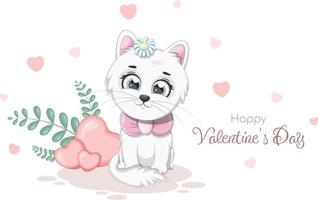 tarjeta romántica con gatito de dibujos animados y corazones vector
