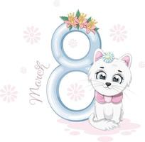 Spring card from March 8 with a cute cat and the number 8 vector